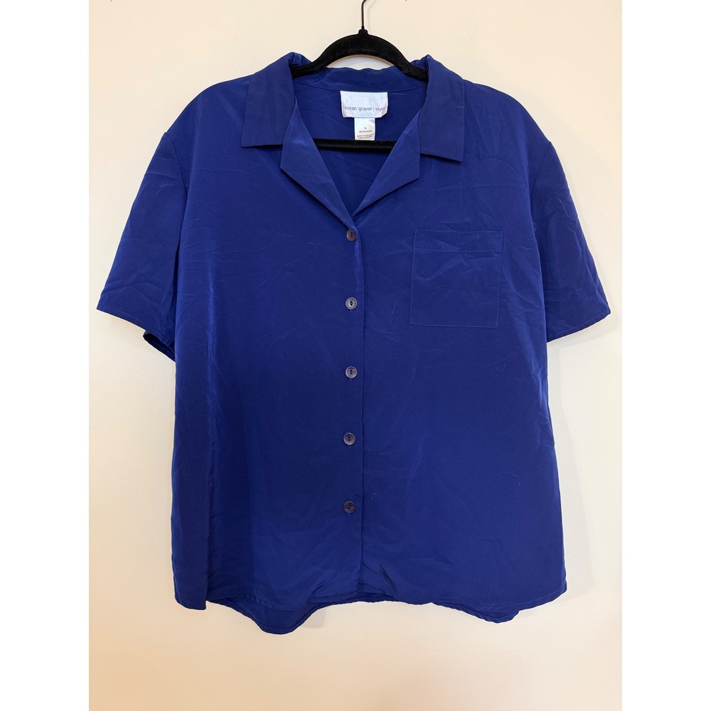 Susan Graver Style Womens XL Cobalt Blue Short Sleeve Button Front Blouse Pocket